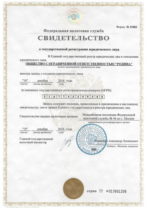 Свидетельство о гос регистрации
